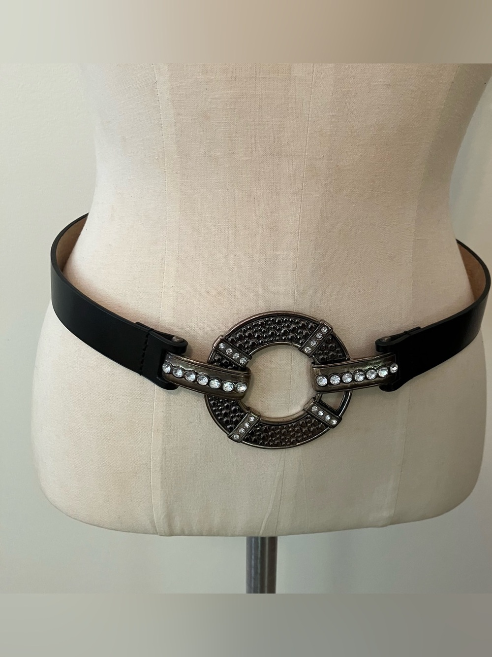Chicos Interlock Western Buckle Slouch Belt S Black Leather 90s Boho Rhinestone